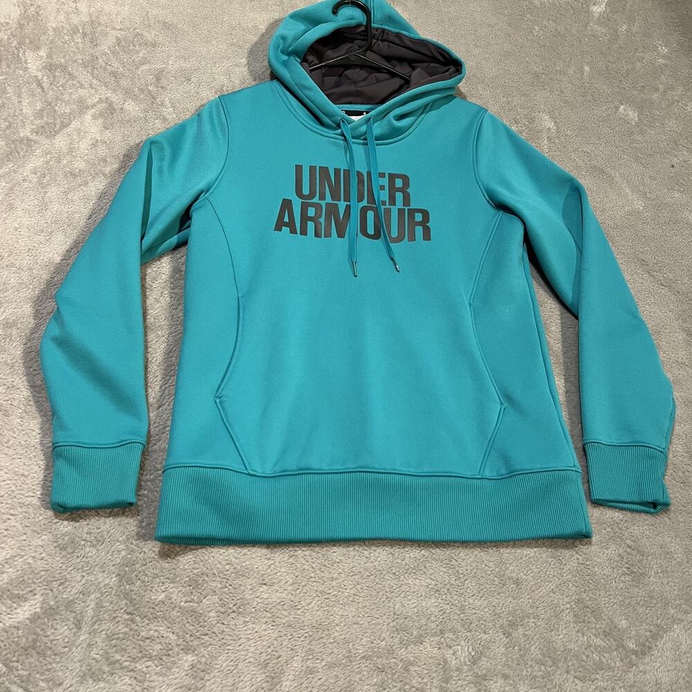 Under Armour ColdGear Hoodie Womens Small Teal Blue Fleece Logo Sweatshirt